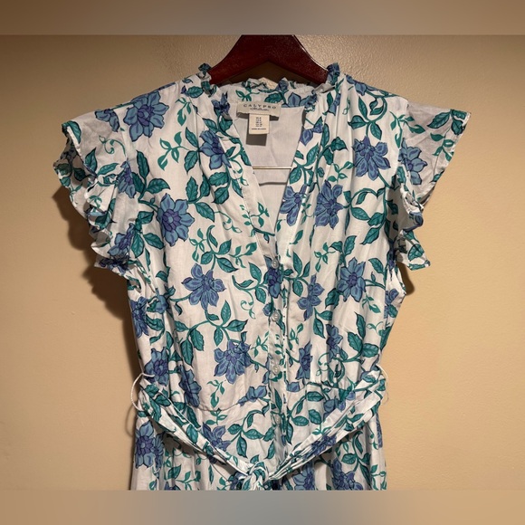 Calypso St. Barth floral print mini button down shirt dress flutter sleeve - Picture 7 of 13